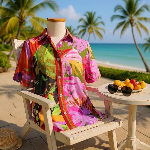 Rachel Zoe Tropical Birds & Leaves Print Satin Beach Vacation Top Size XS - Picture 1 of 16